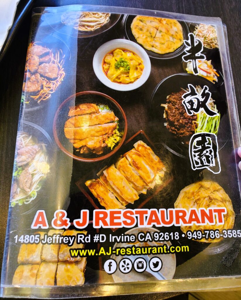 The menu at A&J Restaurant in Irvine