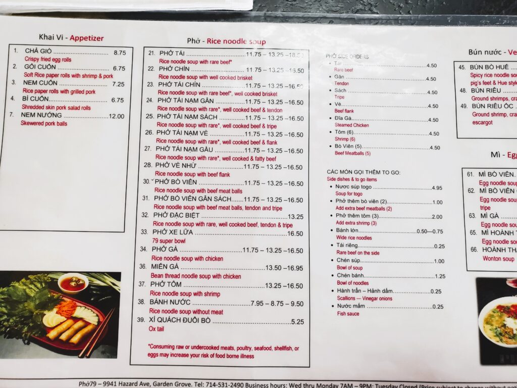 The menu at Pho 79