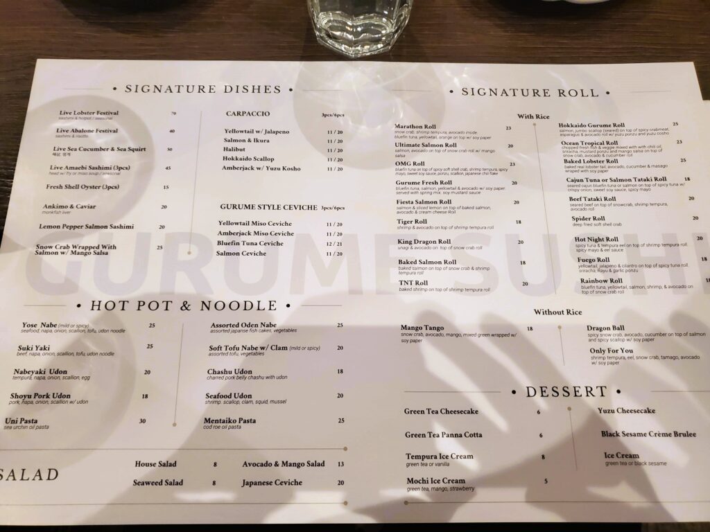 The Gurume Sushi menu