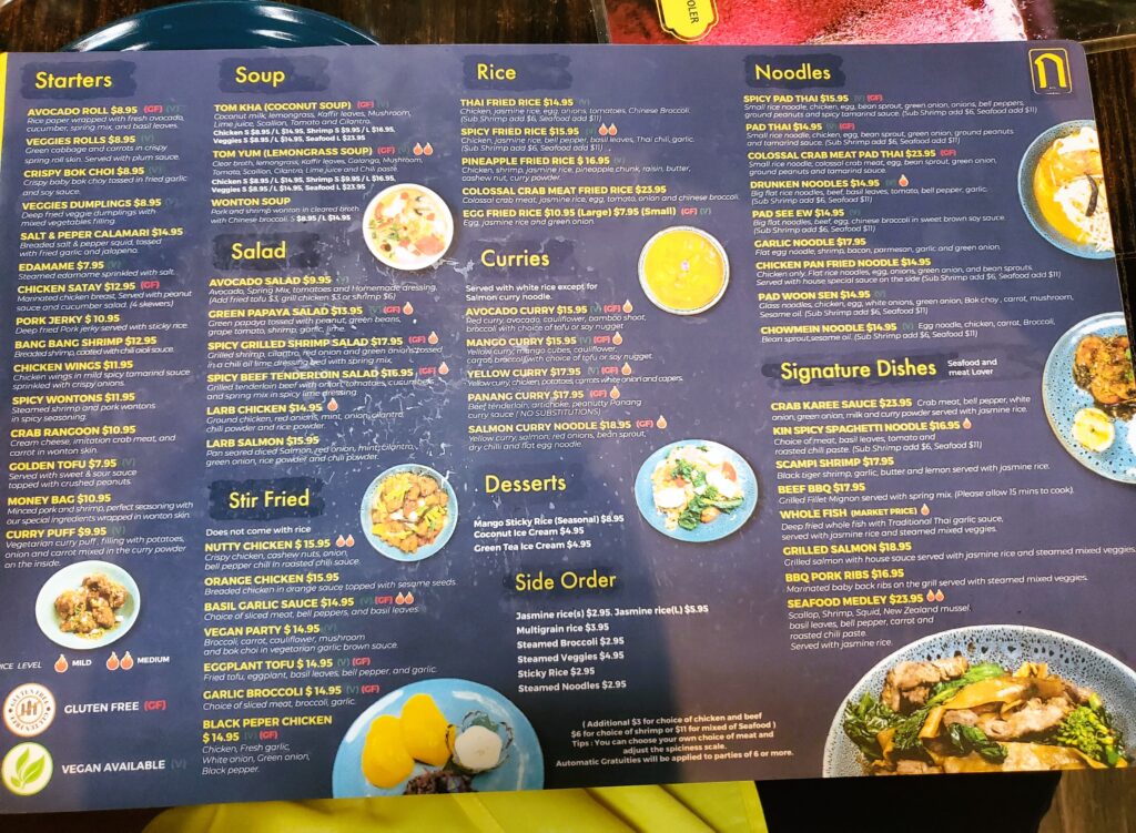 The menu at Kin Long Beach