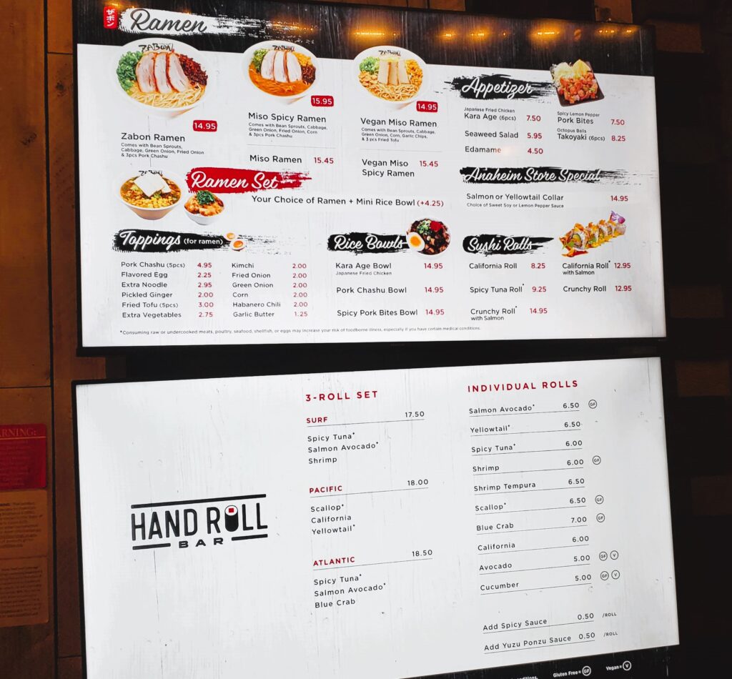 The ramen menu and sushi roll menu at Zabon