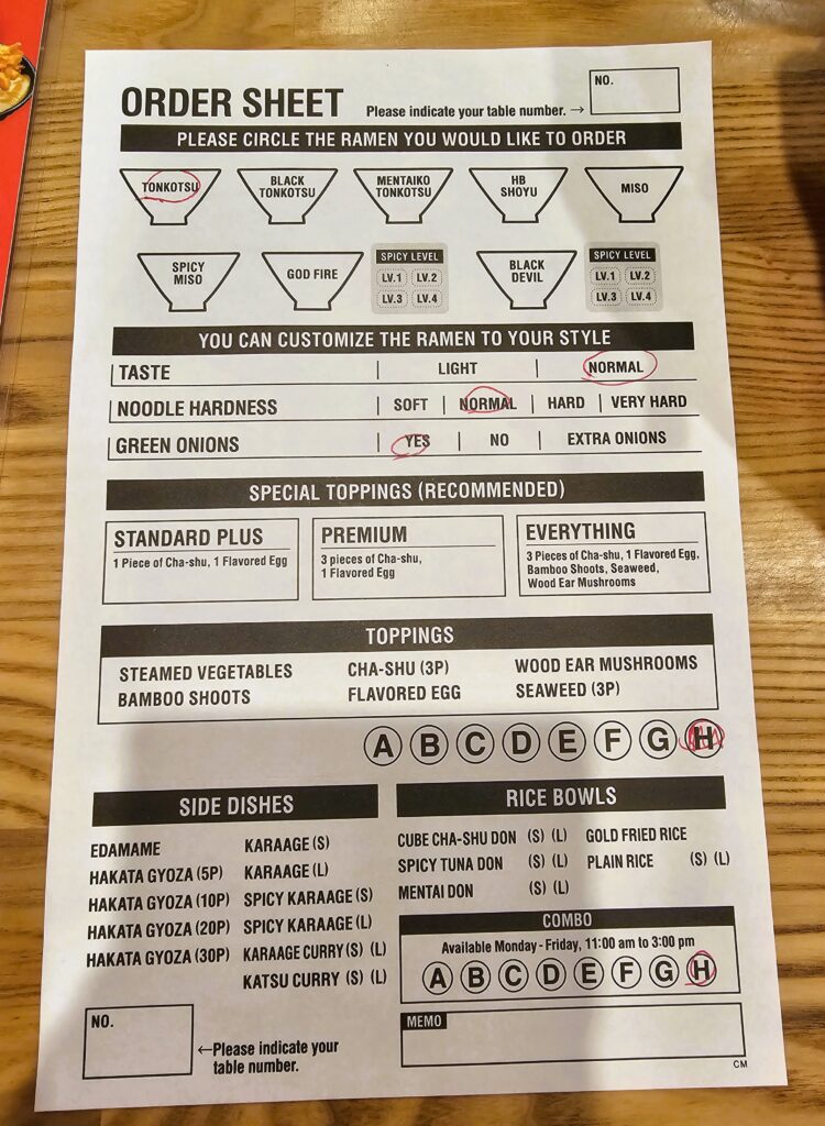 The order sheet at  Hakata Ikkousha Tonkatsu Ramen 