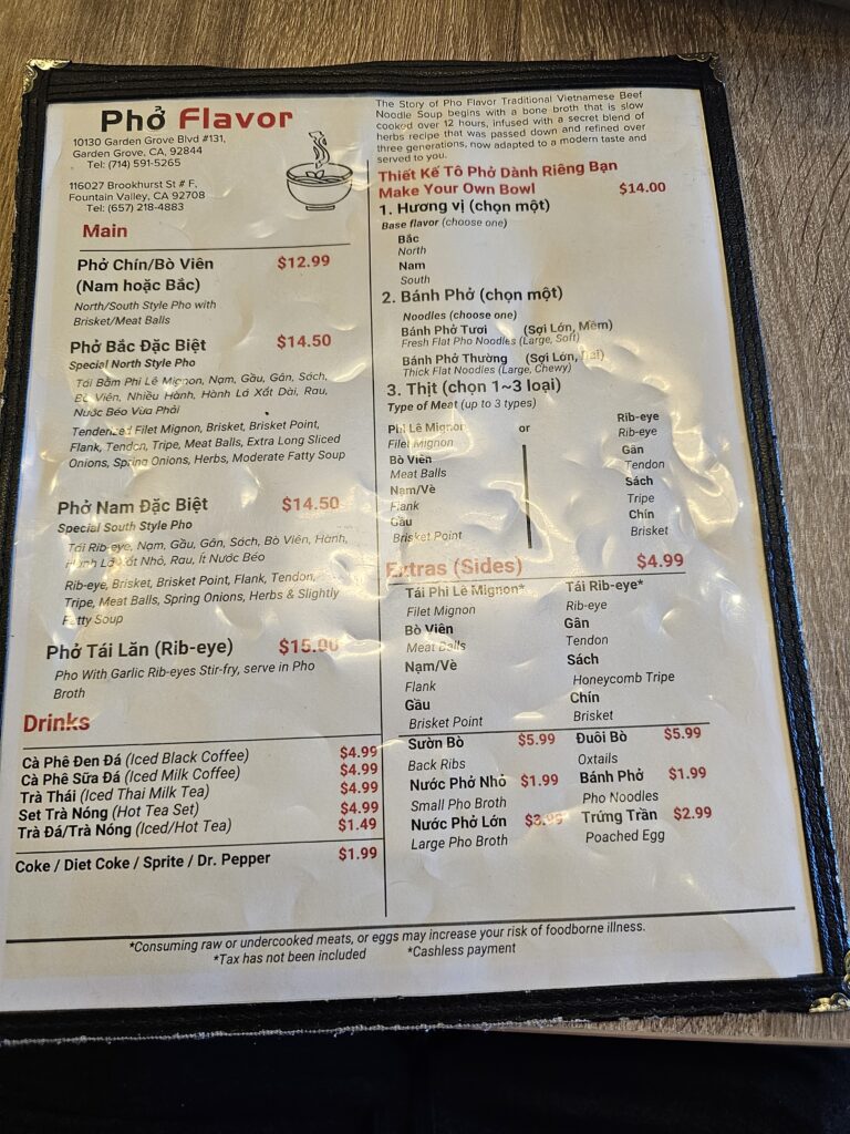 The menu at Pho Flavor