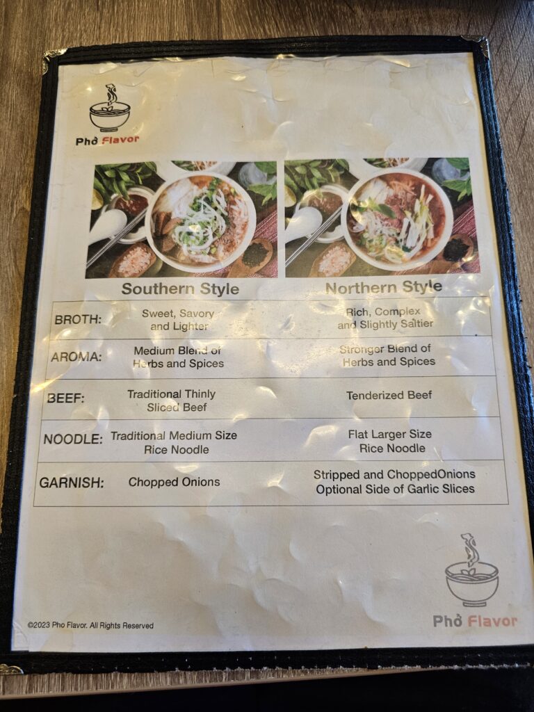 The menu at Pho Flavor