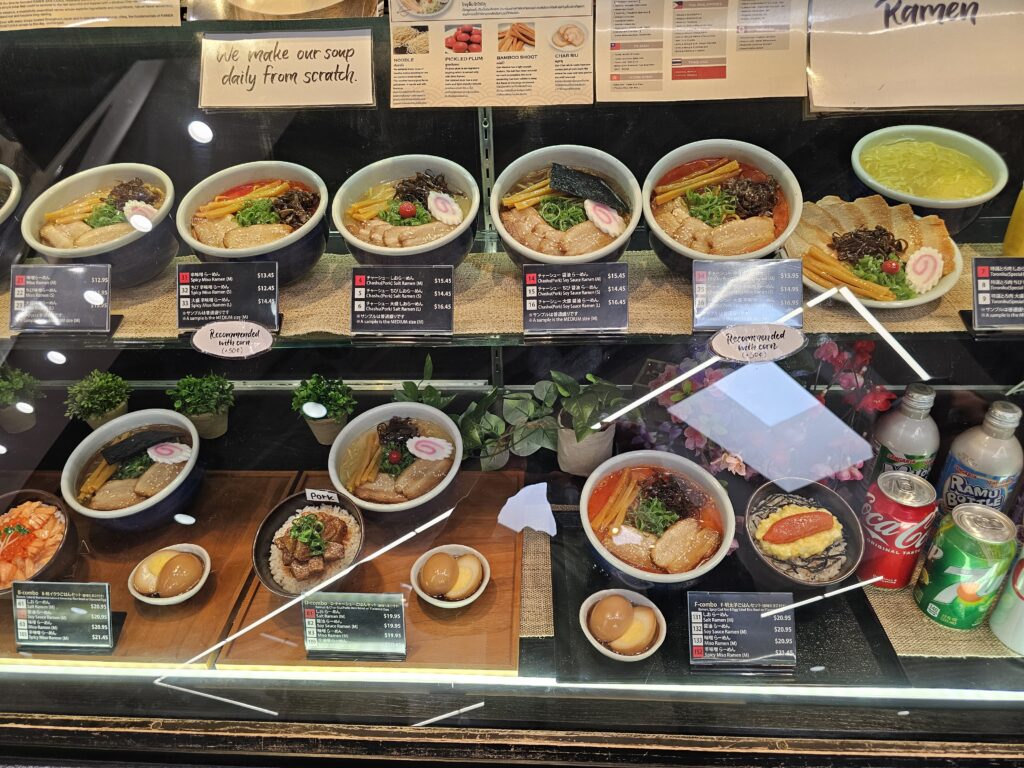 The display case with the plastic ramen samples of the menu