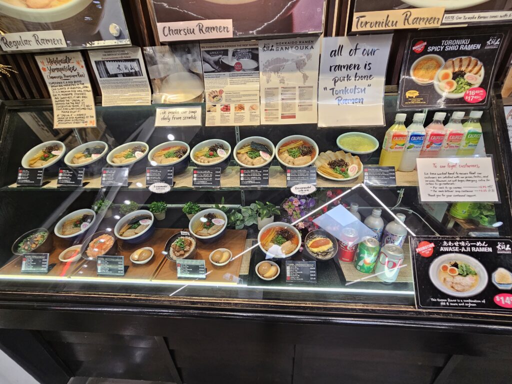 The display case with the plastic ramen samples of the menu