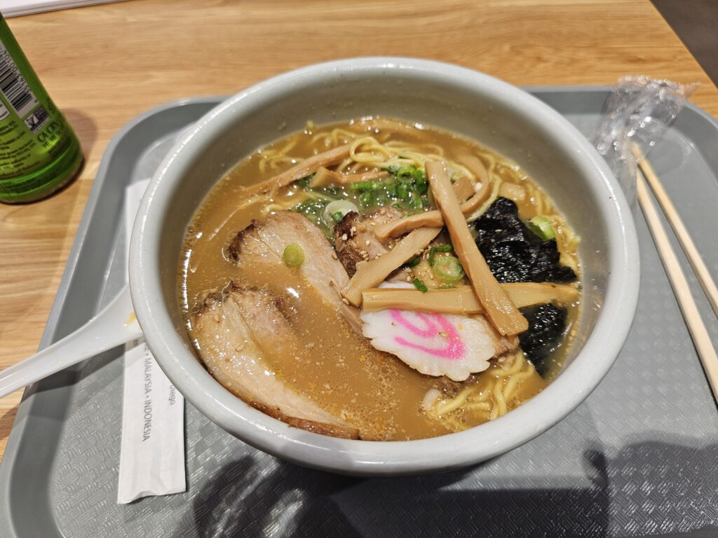 The ramen with 5 pieces of thick chashu in it along with bamboo shoots, green onion, a piece of nori, and the famous Santouka red pickled plum.