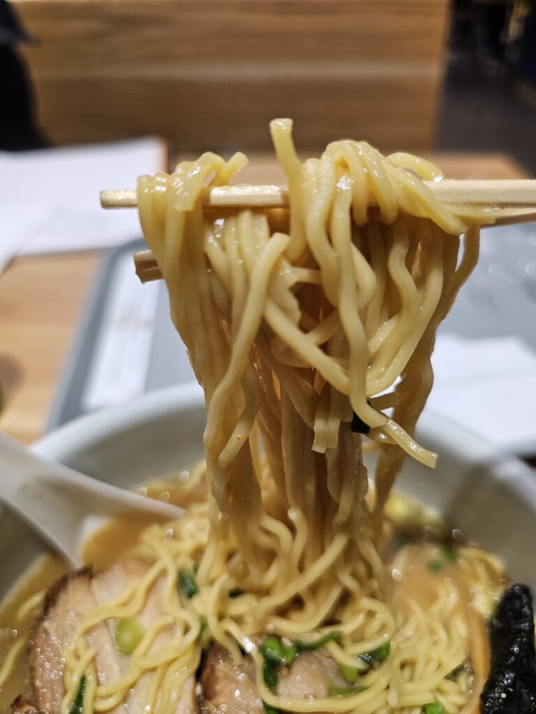 Close up of the noodles. The noodles are fairly firm and thick.